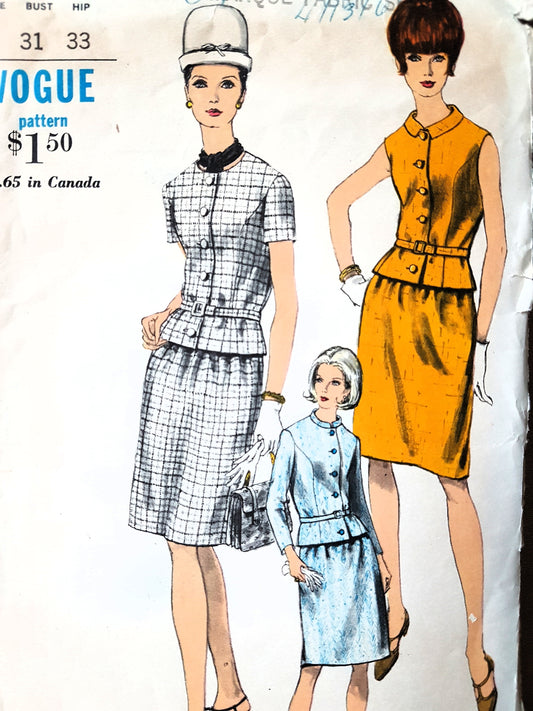 1960s MOD Two Pc Dress Pattern VOGUE 6780 Three Wonderful Versions Bust 31 Vintage Sewing Pattern