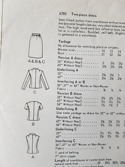 1960s MOD Two Pc Dress Pattern VOGUE 6780 Three Wonderful Versions Bust 31 Vintage Sewing Pattern