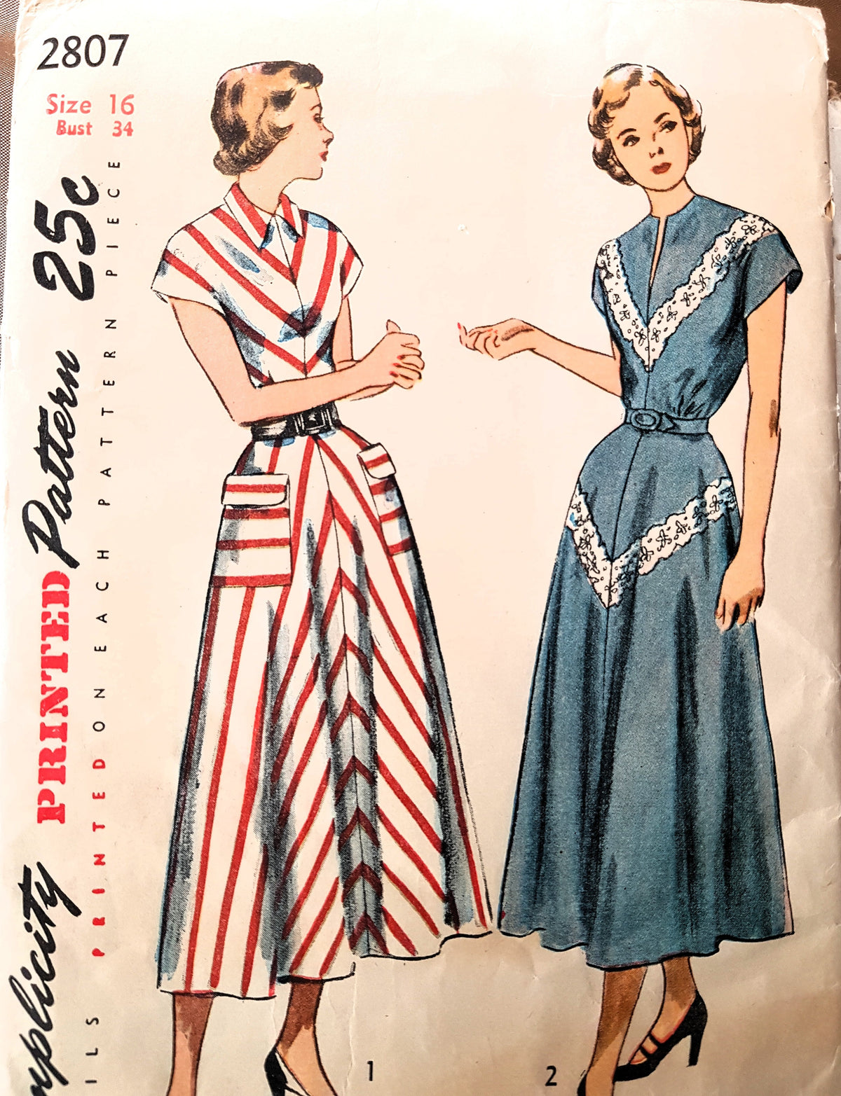 Late 1940s Dress Pattern SIMPLICITY 2807 Two Stylish Style Versions, Bust 34 Vintage Sewing Pattern