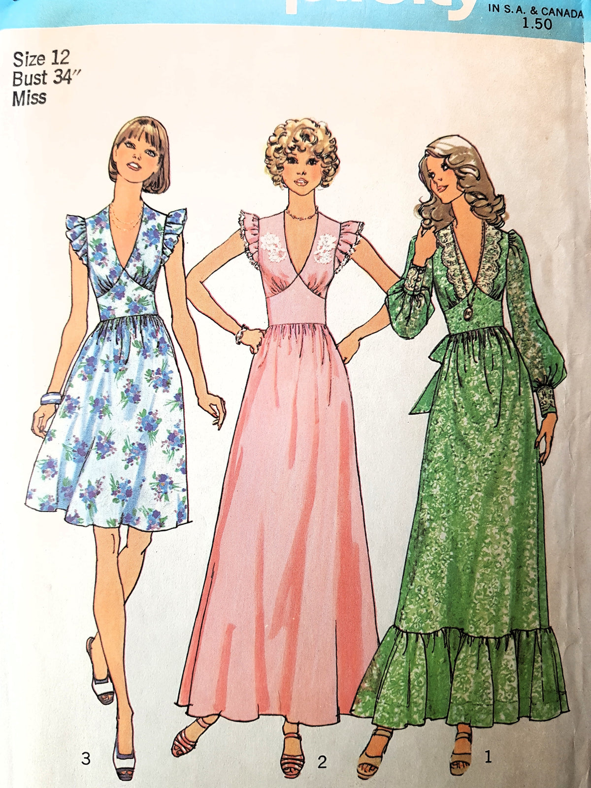 ROMANTIC 1970s Day or Evening Party Dress Pattern SIMPLICITY 6899 Mini or Maxi Gown Bust 34 Vintage Sewing Pattern FF