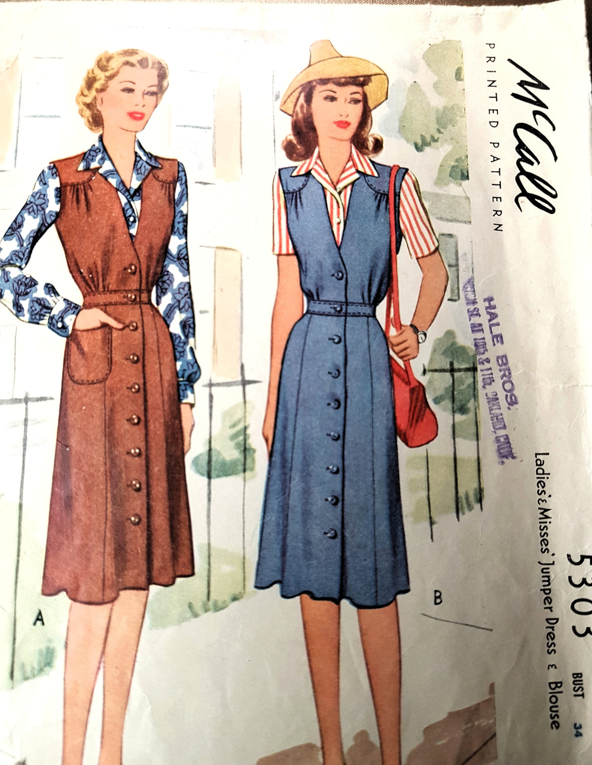 CUTE WW II 1940s Jumper Dress and Blouse Pattern McCALL 5303 Front Button V Neck Dress, Bust 34 Vintage Sewing Pattern