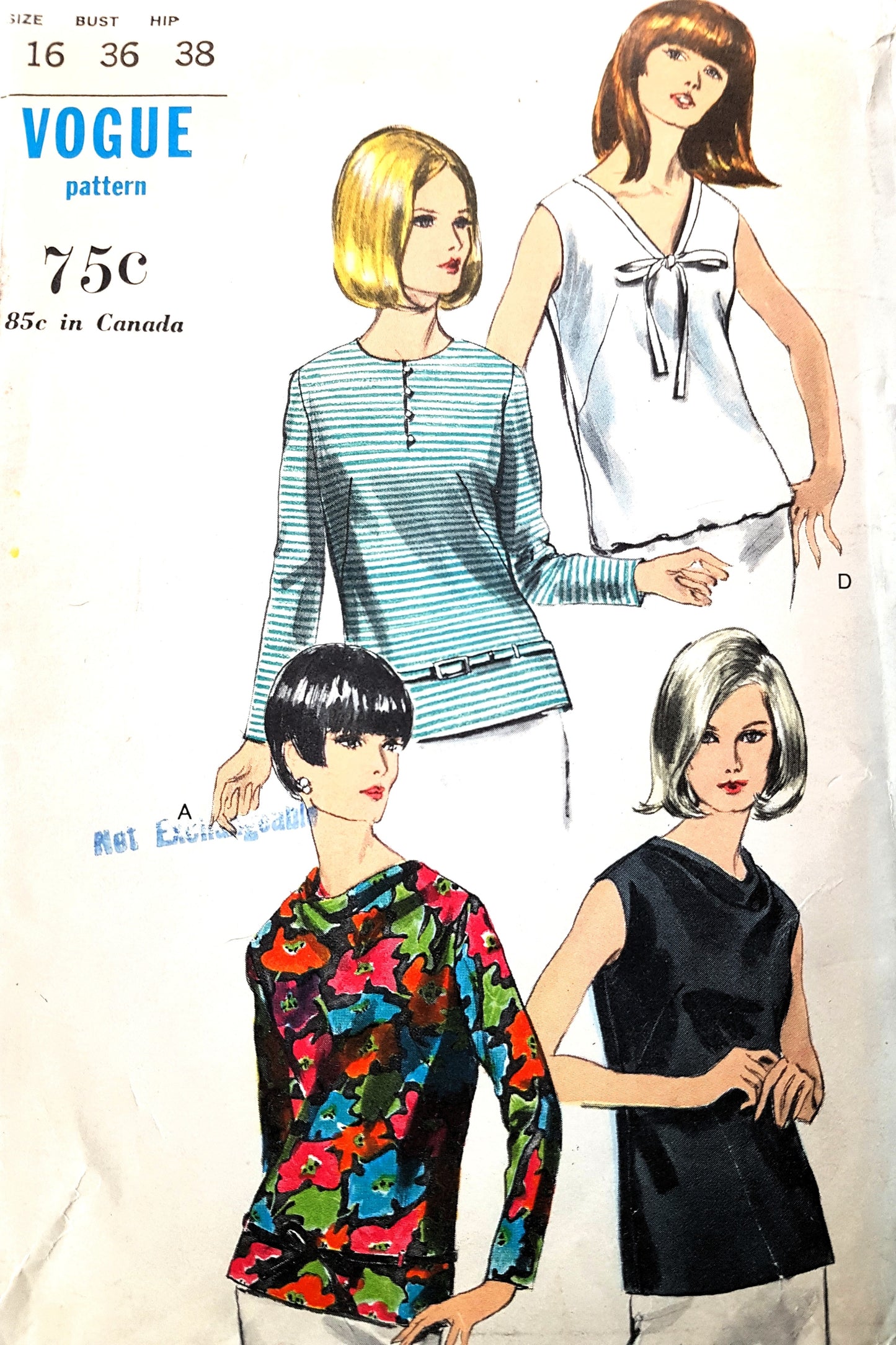 1960s FABULOUS Set of Blouses Pattern VOGUE 6601 Four Over Blouse Style Versions, Bust 36 Vintage Sewing Pattern FF