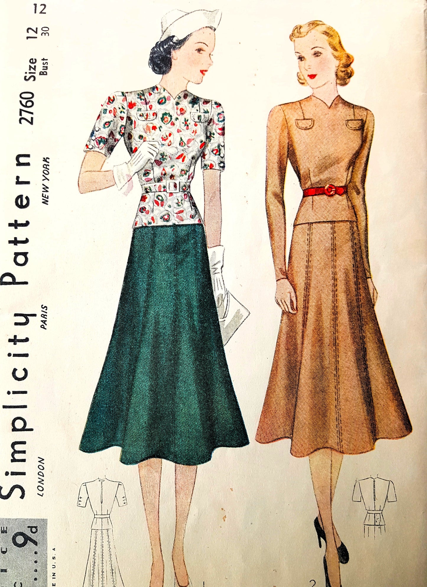 Late 1930s 2PC Dress Pattern SIMPLICITY 2760 Beautiful Flared Skirt and Top Over Blouse, Bust 30 Vintage Sewing Pattern FF