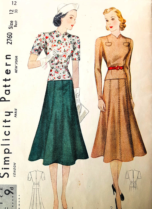 Late 1930s 2PC Dress Pattern SIMPLICITY 2760 Beautiful Flared Skirt and Top Over Blouse, Bust 30 Vintage Sewing Pattern FF