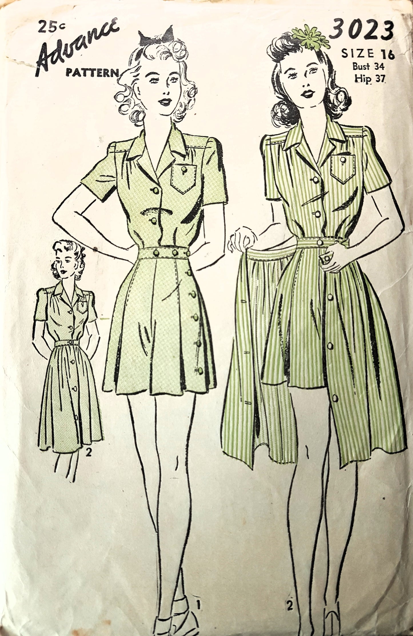 Early 1940s PINUP Style Playsuit and Skirt Pattern ADVANCE 3023 Perfect Beachwear, Bust 34 Vintage Sewing Pattern FF