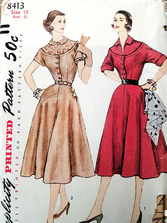1950s STYLISH Dress Pattern SIMPLICITY 8413 Bust 36 Vintage Sewing Pattern