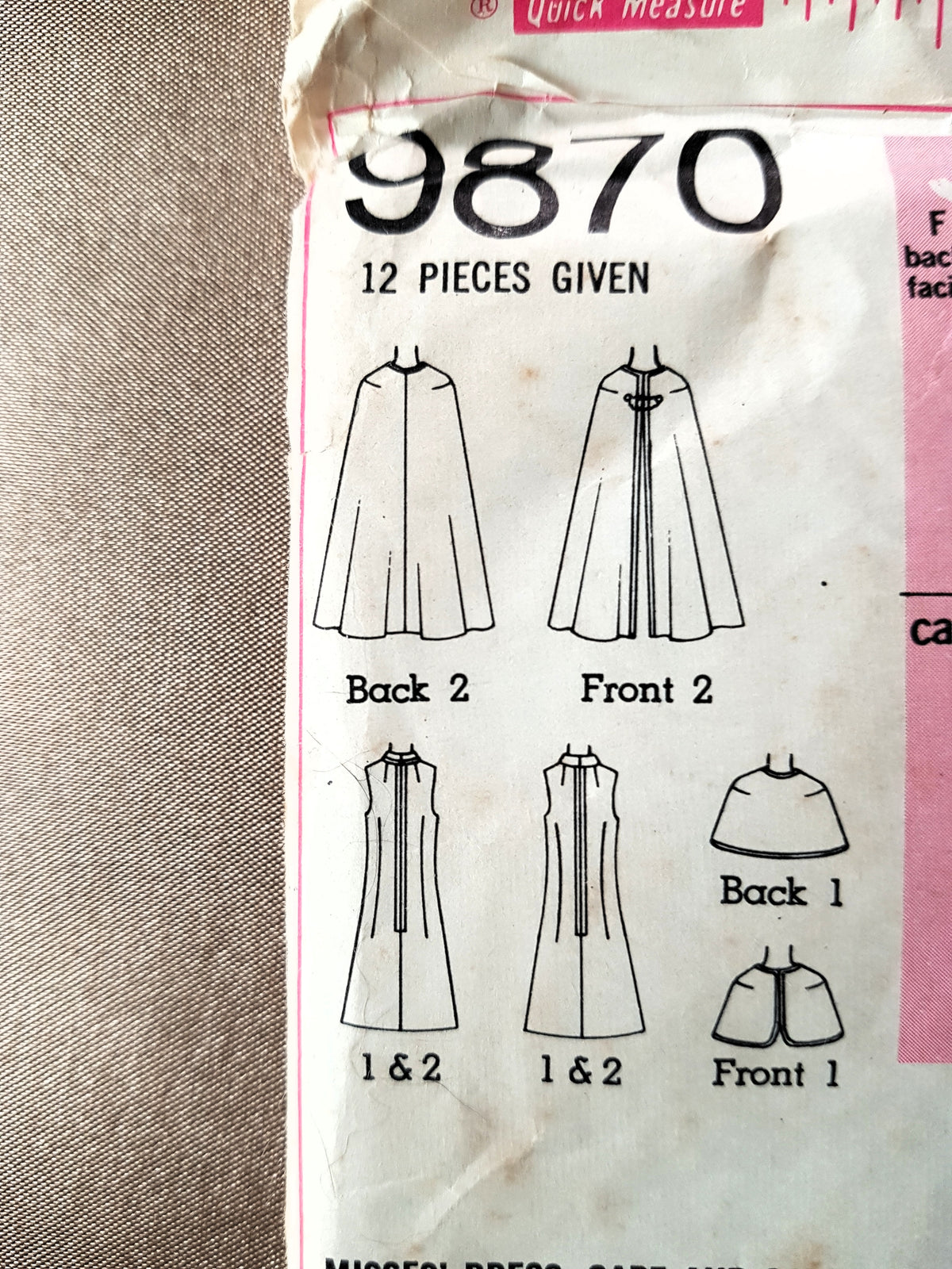 1970s FABULOUS Cape, Capelet and Dress Pattern SIMPLICITY 9870 Bust 40 Vintage Sewing Pattern