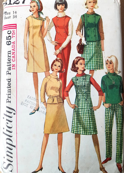 1960s FAB Wardrobe Pattern SIMPLICITY 6127 Dress, Jumper or Top, Overblouse, Skirt and Pants, Bust 34 Vintage Sewing Pattern FF