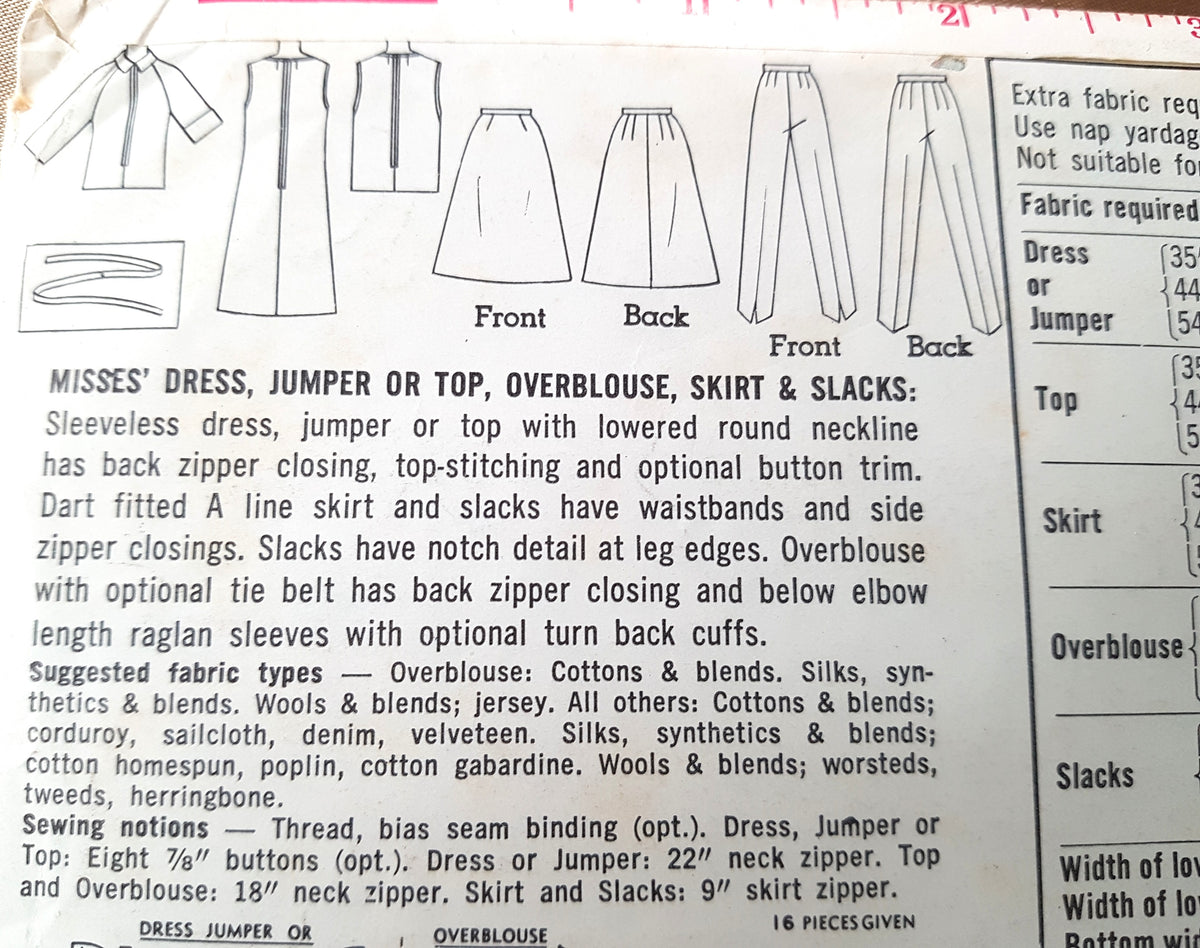 1960s FAB Wardrobe Pattern SIMPLICITY 6127 Dress, Jumper or Top, Overblouse, Skirt and Pants, Bust 34 Vintage Sewing Pattern FF