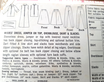 1960s FAB Wardrobe Pattern SIMPLICITY 6127 Dress, Jumper or Top, Overblouse, Skirt and Pants, Bust 34 Vintage Sewing Pattern FF