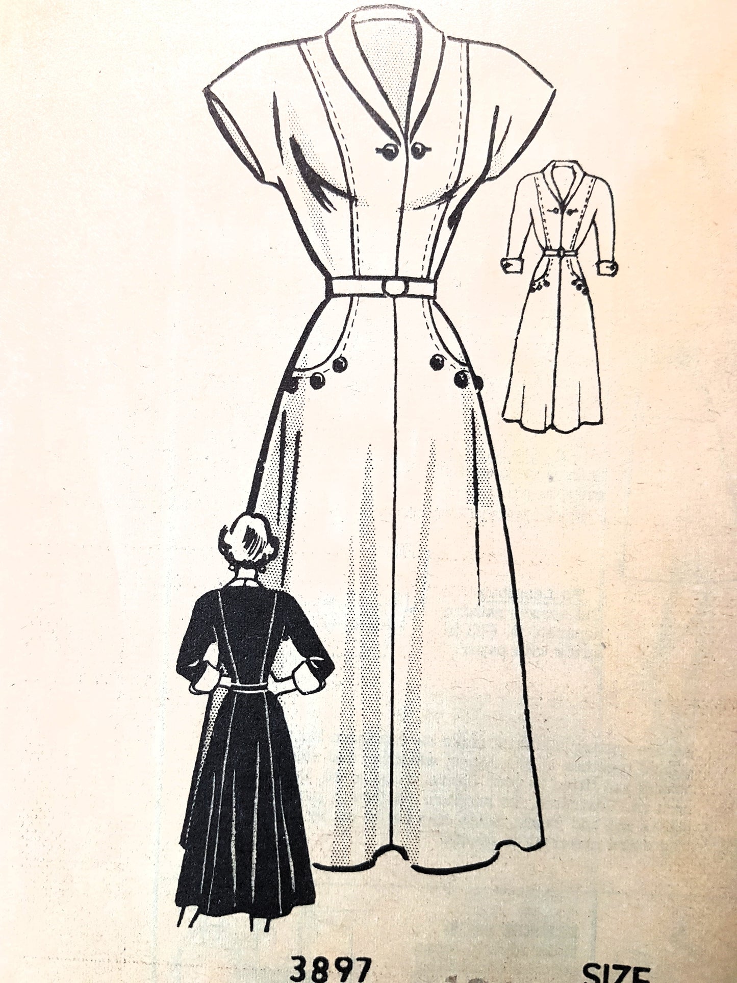 Late 1940s STYLISH Dress Pattern AMERICAN WEEKLY 3897 Short or Cuffed Long Sleeves, Bust 30 Vintage Sewing Pattern FF