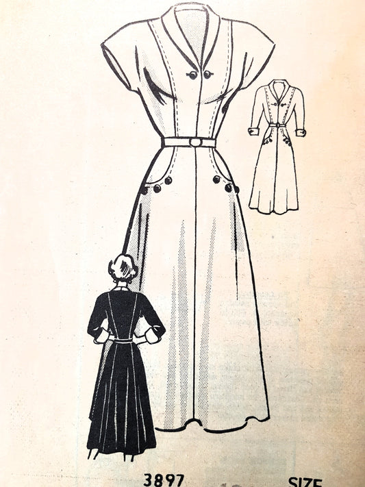 Late 1940s STYLISH Dress Pattern AMERICAN WEEKLY 3897 Short or Cuffed Long Sleeves, Bust 30 Vintage Sewing Pattern FF