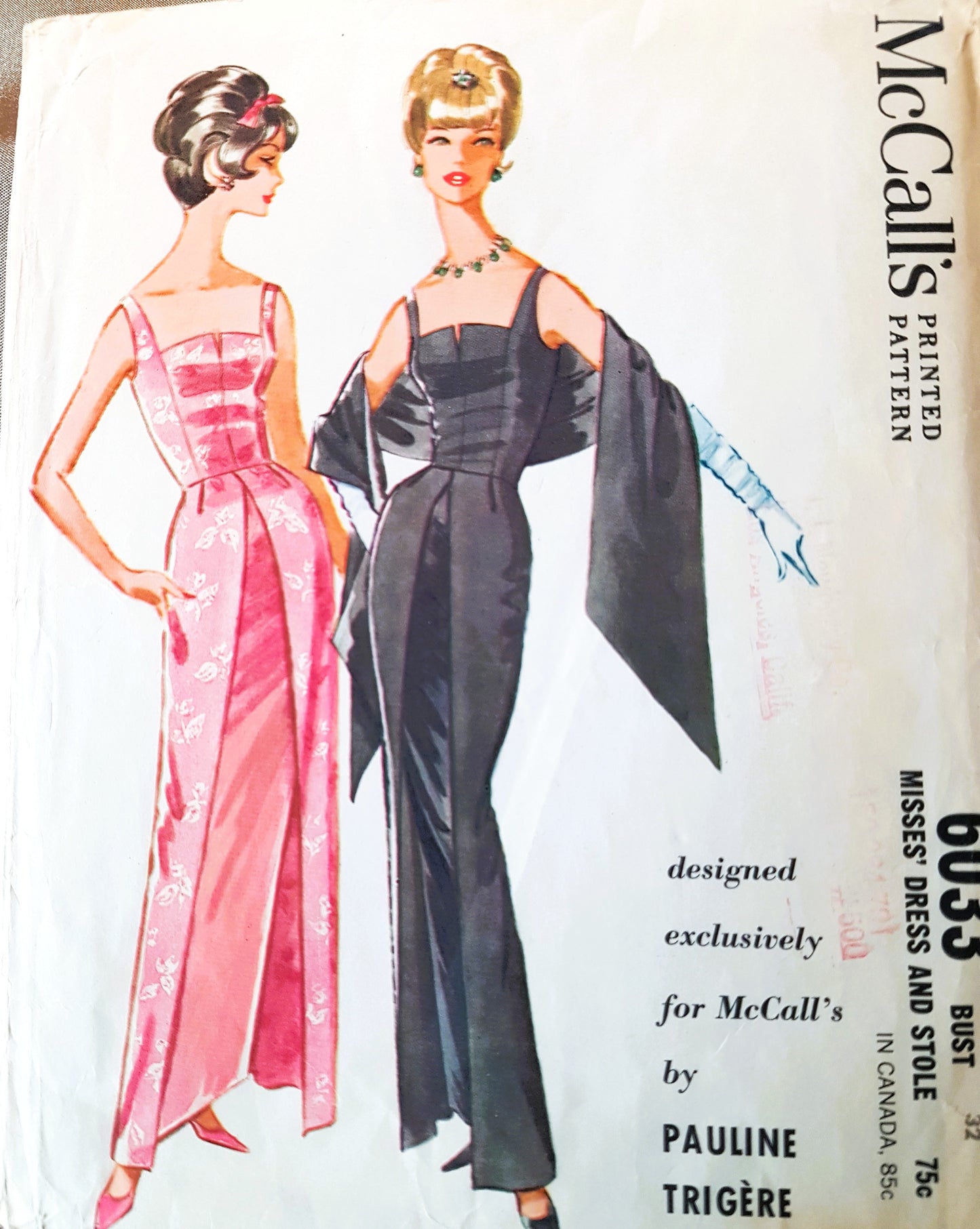 Early 1960s GLAMOROUS Evening Gown and Stole Pattern by Pauline Trigère McCALLS 6033 Stunning Design, Bust 32 Vintage Sewing Pattern