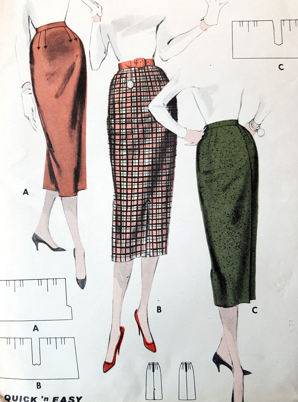 1950s CLASSIC Quick 'N Easy 1 Yard Skirt Pattern BUTTERICK 7867 Straight, Tailored Skirt, Waist 25 Vintage Sewing Pattern FF