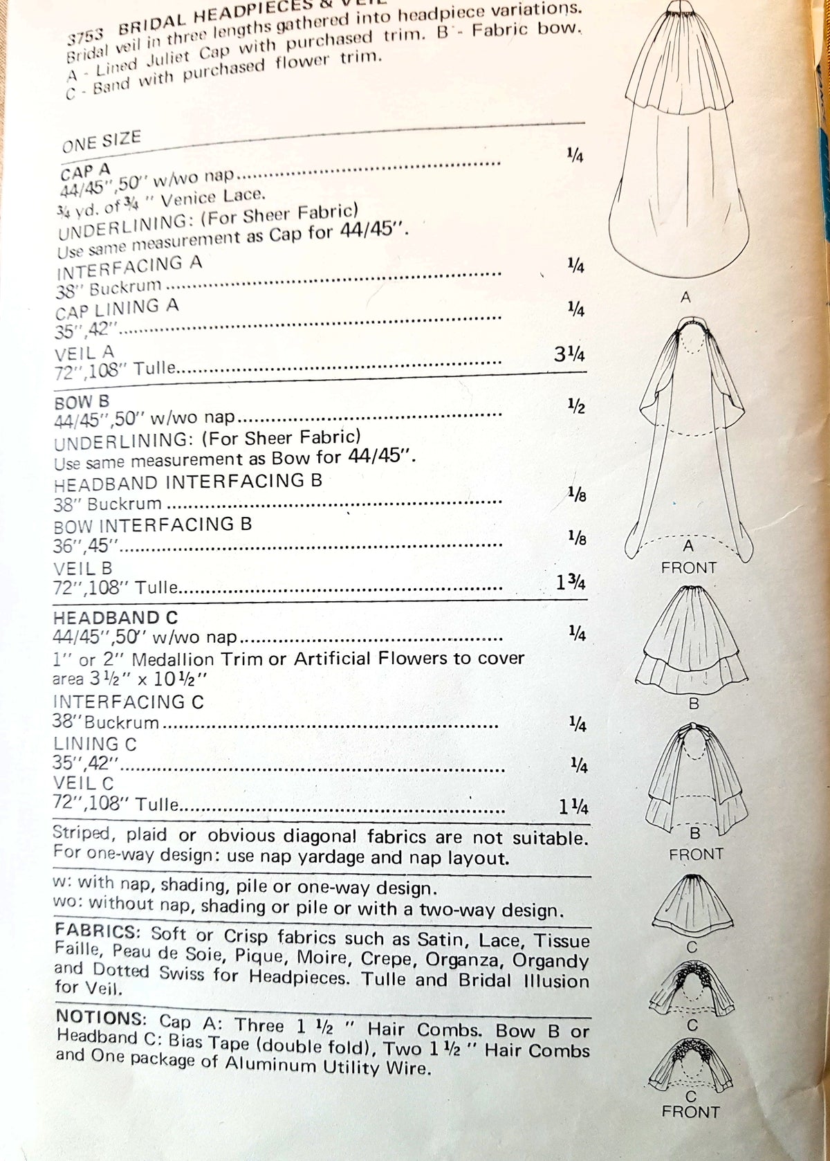 1970s ROMANTIC Bridal Wedding Veils Pattern BUTTERICK 3753 Vintage Sewing Pattern