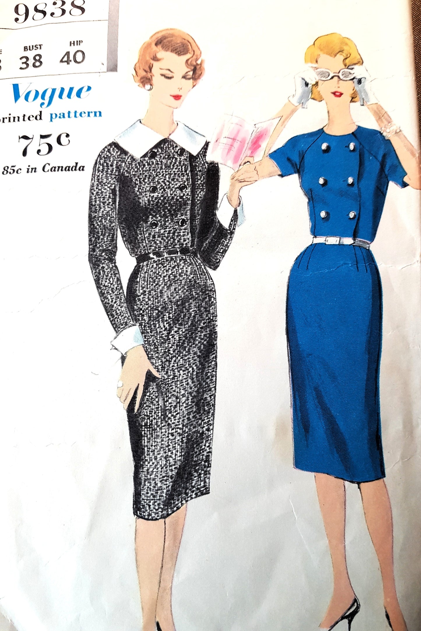 Late 1950s Slim Double Breasted Dress Pattern VOGUE 9838 Detachable Cuffs and Collar, Bust 38 Vintage Sewing Pattern