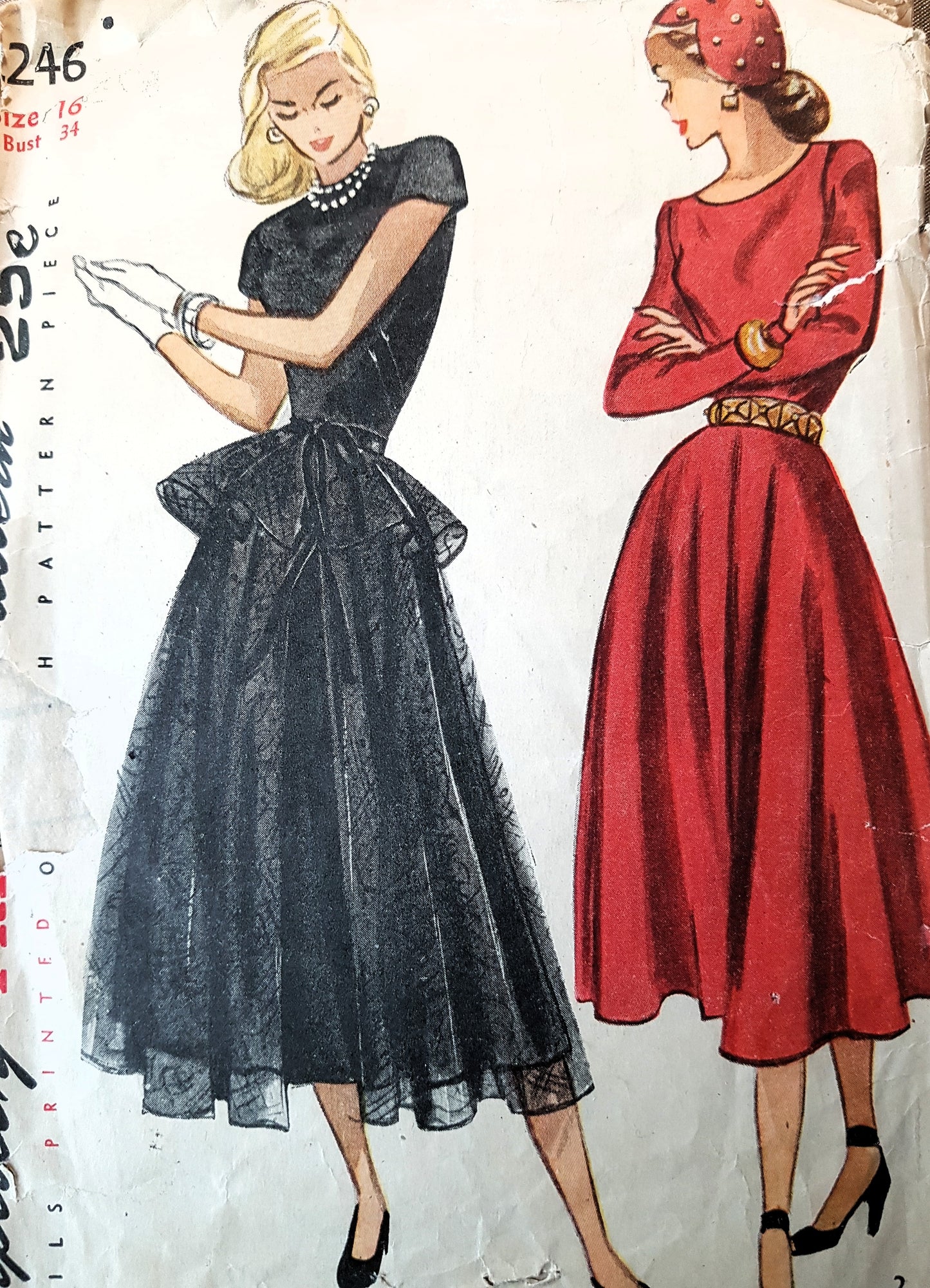Late 1940s Evening Party Dress Detachable Skirt and Peplum Pattern SIMPLICITY 2246 Bust 34 Vintage Sewing Pattern