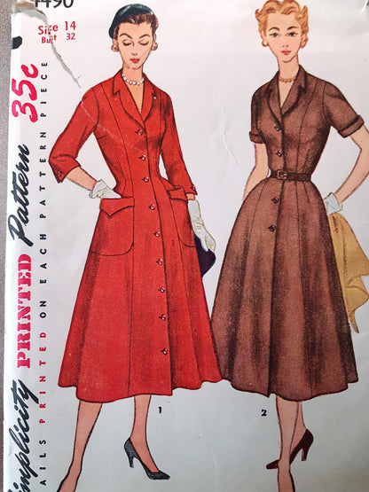 1950s STYLISH Princess Style Coat Dress Pattern Two Style Versions, Bust 32 Vintage Sewing Pattern FF