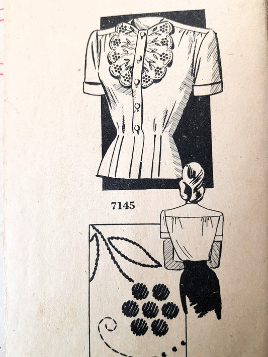 1940s PRETTY Blouse Pattern Alice Brooks Design 7145 Includes Embroidery Transfer Bust 34 Vintage Sewing Pattern FF
