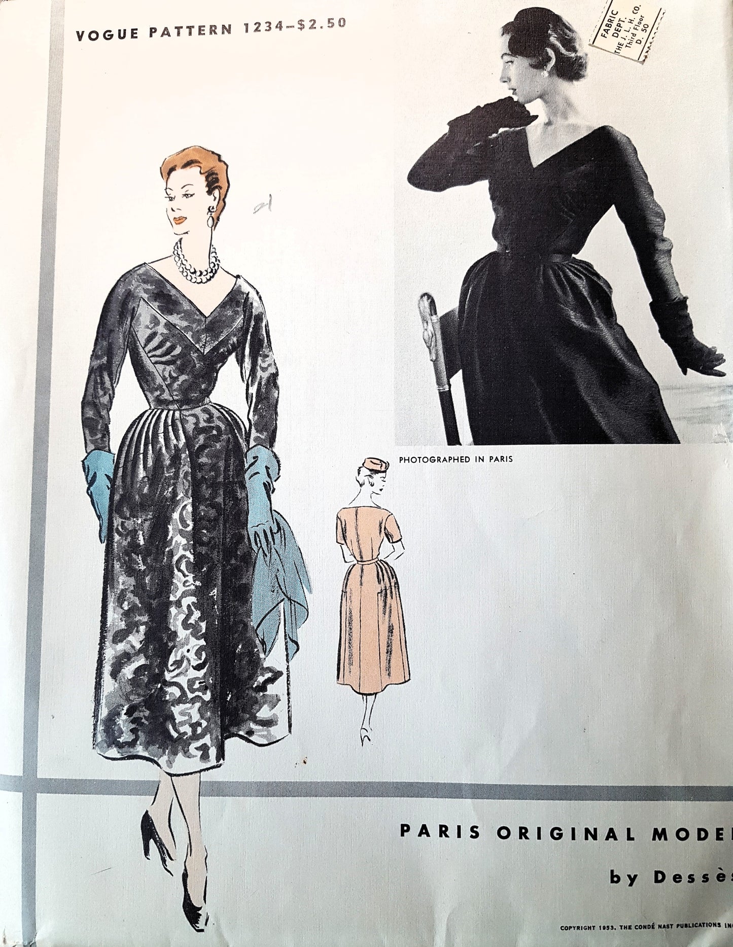 1950s RARE Jean Dessès Dress Pattern VOGUE Paris Original Model 1234, Stunning Couture Design, Bust 34, Vintage Sewing Pattern FACTORY FOLDED +Sew In Label
