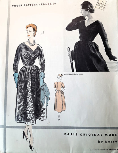 1950s RARE Jean Dessès Dress Pattern VOGUE Paris Original Model 1234, Stunning Couture Design, Bust 34, Vintage Sewing Pattern FACTORY FOLDED +Sew In Label