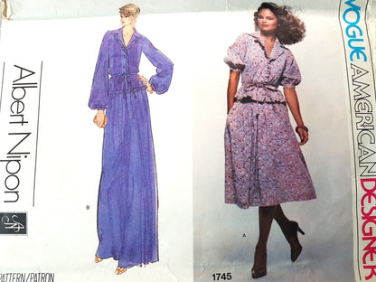 Late 1970s ALBERT NIPON 2 Pc Dress Pattern VOGUE American Designer 1745 Day or Evening Lengths Bust 34 Vintage Sewing Pattern
