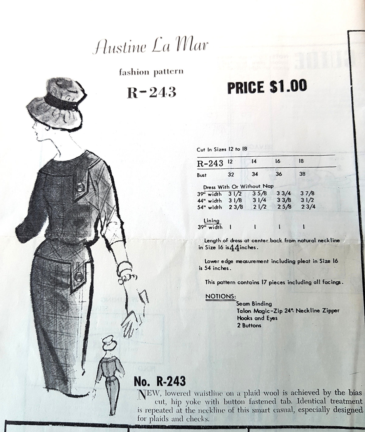 CLASSY Early 1960s Slim Dress Pattern AUSTIN LA MAR R-243 Chic Dress, Perfect For Plaid or Checks Bust 34 Vintage Sewing Pattern FF