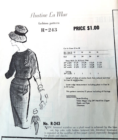 CLASSY Early 1960s Slim Dress Pattern AUSTIN LA MAR R-243 Chic Dress, Perfect For Plaid or Checks Bust 34 Vintage Sewing Pattern FF