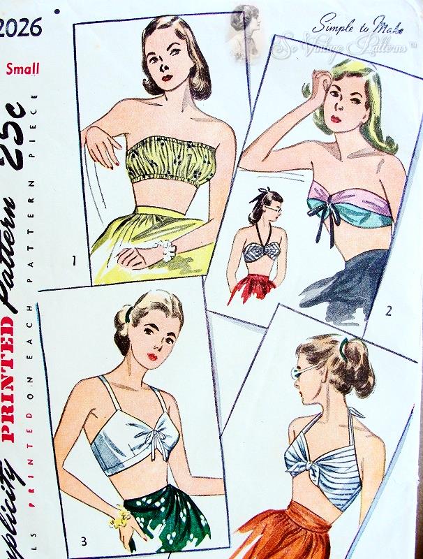1940s FABULOUS Set Of Beach Wear Tops Pattern SIMPLICITY 2026  Halter Bra Bandeau 4 Styles Bust 34-36 Simple To Make Vintage Sewing Pattern