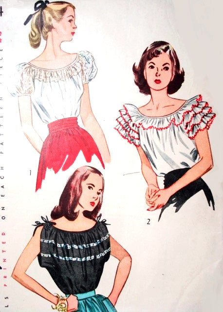 1940s ROMANTIC Peasant Blouses Pattern SIMPLICITY 2034 Three Pretty Styles Bust 34 Vintage Sewing Pattern