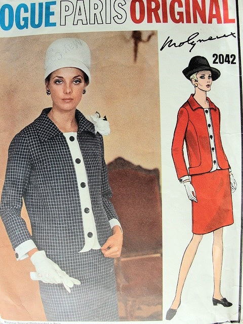 1960s  VOGUE PARIS ORIGINAL PATTERN 2042 MOLYNEUX SLIM SKIRTED SUIT JACKET WITH DETACHABLE FRONT BAND, CUFFS