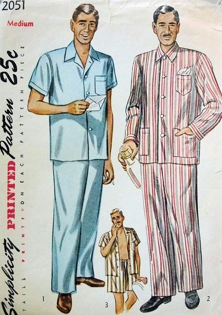 1950s CLASSIC Gentlemens Pajamas Pattern SIMPLICITY 2051 Long Trousers or Shorts 3 Style Versions  Medium Size Vintage Sewing Pattern