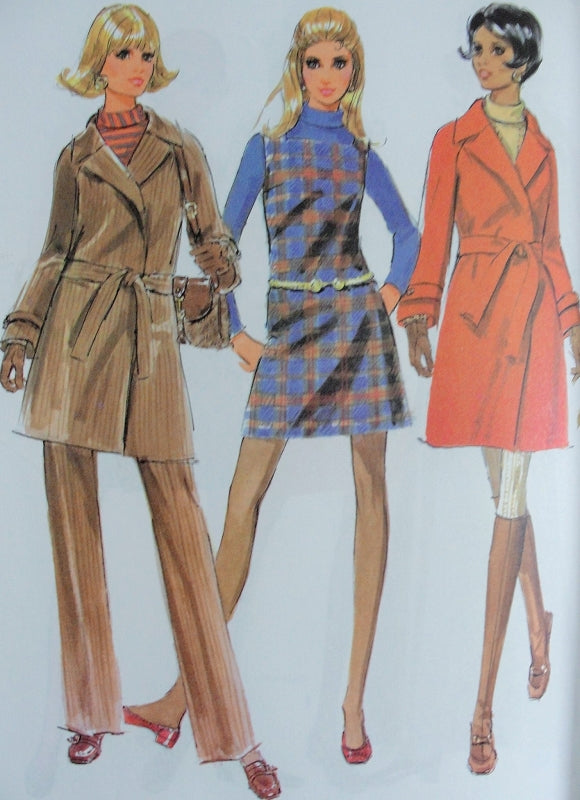 MOD 60s McCalls 2059 Fabulous Wardrobe, Wrap Coat Trench, Jumper Tunic or Mini Dress, Pants Perfect Travel Wardrobe UNCUT Bust 31 Vintage Sewing Pattern