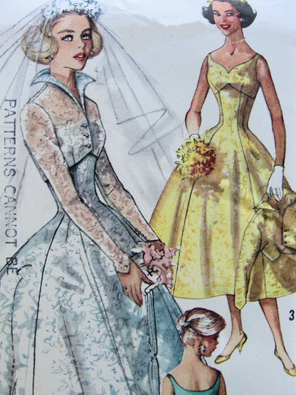 1950s GORGEOUS Empire Sweetheart Neckline Wedding Dress Bridal Gown and Spencer Jacket Pattern SIMPLICITY 2066 Breath Taking Princess Design, Graceful Back Pleated, Striking Wing Collar Jacket Bust 32 Vintage Sewing Pattern