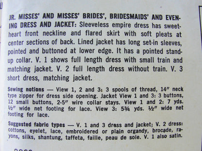 1950s GORGEOUS Empire Sweetheart Neckline Wedding Dress Bridal Gown and Spencer Jacket Pattern SIMPLICITY 2066 Breath Taking Princess Design, Graceful Back Pleated, Striking Wing Collar Jacket Bust 32 Vintage Sewing Pattern