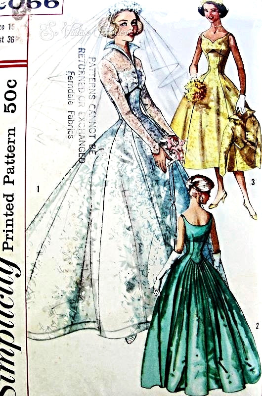 1950s GORGEOUS Empire Sweetheart Neckline Wedding Dress Bridal Gown and Spencer Jacket Pattern SIMPLICITY 2066 Breath Taking Princess Design, Graceful Back Pleated, Striking Wing Collar Jacket Bust 32 Vintage Sewing Pattern