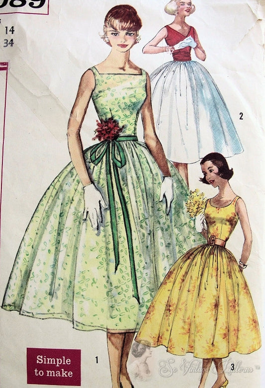 1950s BEAUTIFUL Party Evening Cocktail Dress Pattern Simplicity 2089 Full Rockabilly Skirt and Cummerbund 3 Lovely Necklines Bust 34 Simple To Make Vintage Sewing Pattern FF