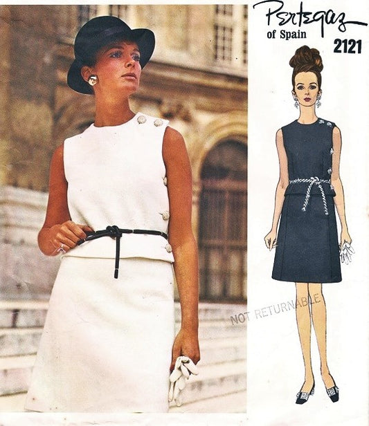 1960s PERTEGAZ 2 PC Dress Pattern Vogue Couturier Design 2121 Vintage Sewing Pattern Side Button Top, Jewel Neckline A Line Skirt