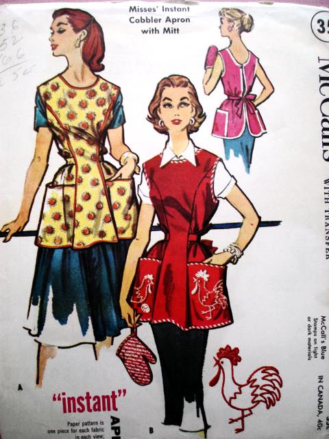 1950s CUTE  Cobbler Apron and Oven Mitt Pattern McCALLS 2133 Includes Rooster Iron on Transfer Very Farmhouse French Country Aprons Size Medium Vintage Sewing Pattern