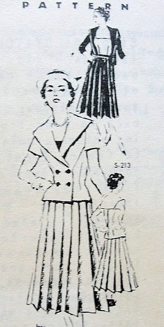 1950s  3 PC  PLEATED  DOUBLE BREASTED SUIT PATTERN LG SAILOR COLLAR JEANNE LAFAURIE of FRANCE SPADEA 213