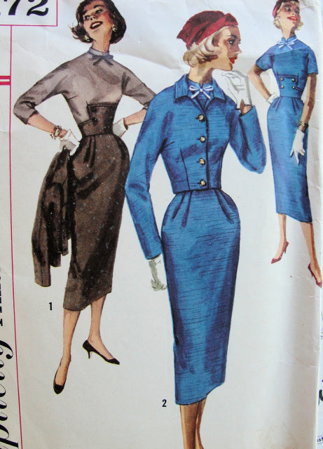 1950s SLIM DRESS, SHORTIE JACKET PATTERN STAND UP MANDARIN COLLAR, SHAPED MIDRIFF,  CROPPED JACKET SIMPLICITY 2172