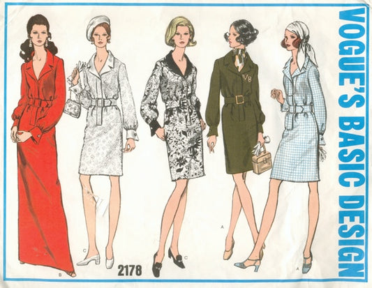 CLASSY 1960s Slim Shirt Dress Pattern VOGUE 2178 Vintage Sewing Pattern Day or Evening Length Bust 34