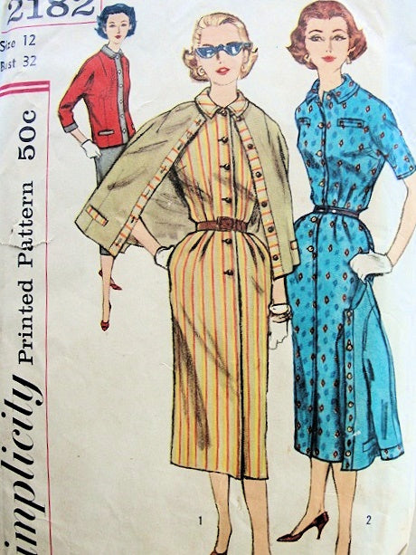 1950s SLIM SHIRTDRESS, JACKET PATTERN CLASSY FRONT BUTTON SIMPLICITY PATTERNS 2182