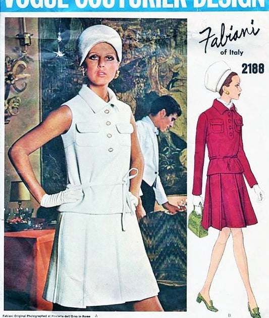 1960s FABIANI 2 Pc Dress Pattern VOGUE COUTURIER Design 2180 Pleated Skirt, Loose Fitting Top Patch Pockets Cute 2 Pc Dress Bust 34 Vintage Sewing Pattern