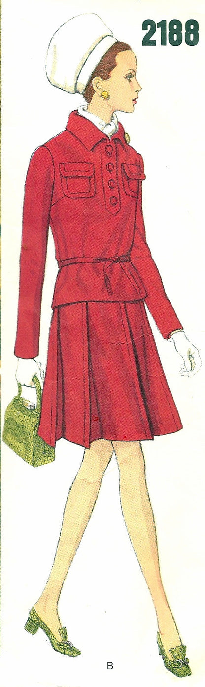 1960s FABIANI 2 Pc Dress Pattern VOGUE COUTURIER Design 2180 Pleated Skirt, Loose Fitting Top Patch Pockets Cute 2 Pc Dress Bust 34 Vintage Sewing Pattern