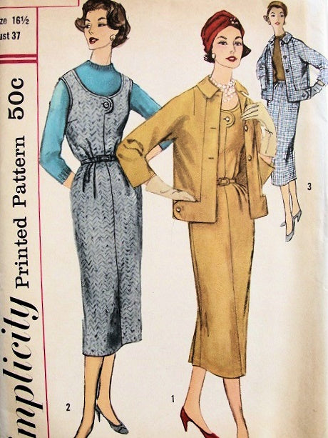 1950s Slim Dress or Jumper, Skirt and Jacket Stylish Design Details Simplicity 2189