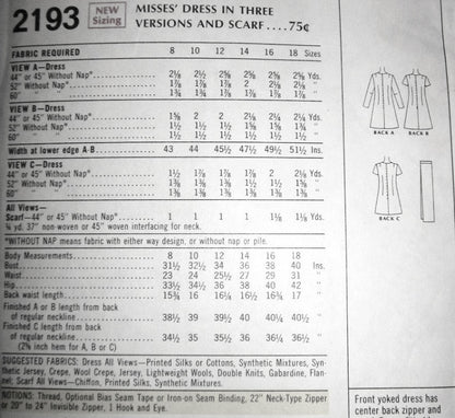 1960s Vintage McCalls 2193 Sewing Pattern Mod Dress Three Style Versions And Scarf UNCUT Bust 32.5