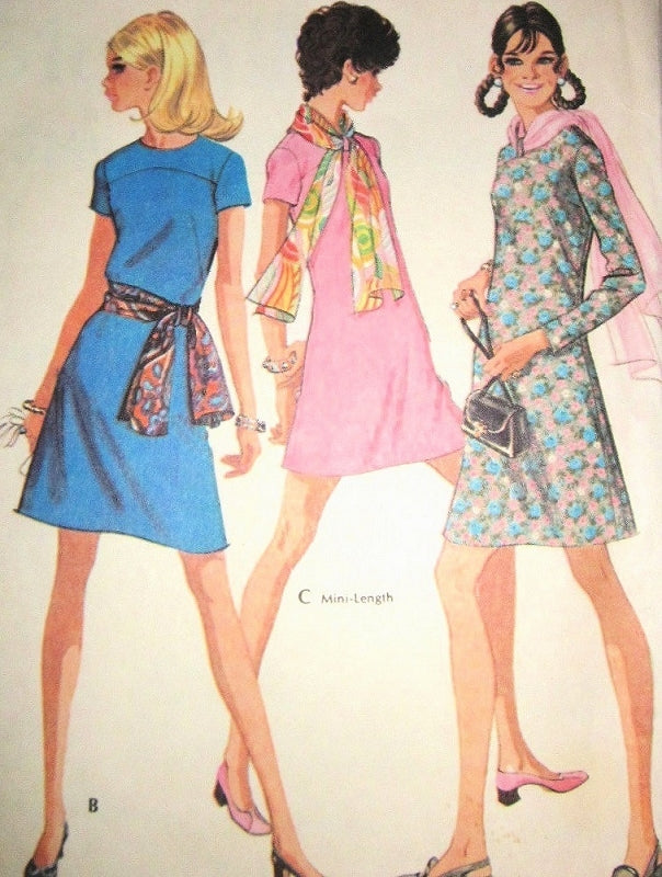 1960s Vintage McCalls 2193 Sewing Pattern Mod Dress Three Style Versions And Scarf UNCUT Bust 32.5