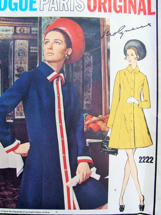 60s MOLYNEUX Coat Dress Pattern VOGUE Paris Original 2222 Stylish Semi Fitted A Line Dress Bust 32 Vintage Sewing Pattern