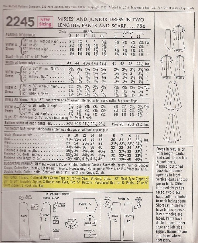 Mod 60s McCalls 2245 Vintage Sewing Pattern Low Narrow Neck Mini or Regular Dress , Scarf, Tunic Top and Pants  UNCUT FACTORY FOLDED